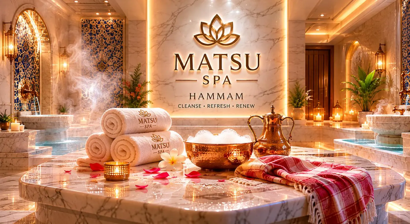 Турецкий хаммам Matsu Spa — мраморная тёплая платформа, медные хаммам-чаши и полотенца пештемаль