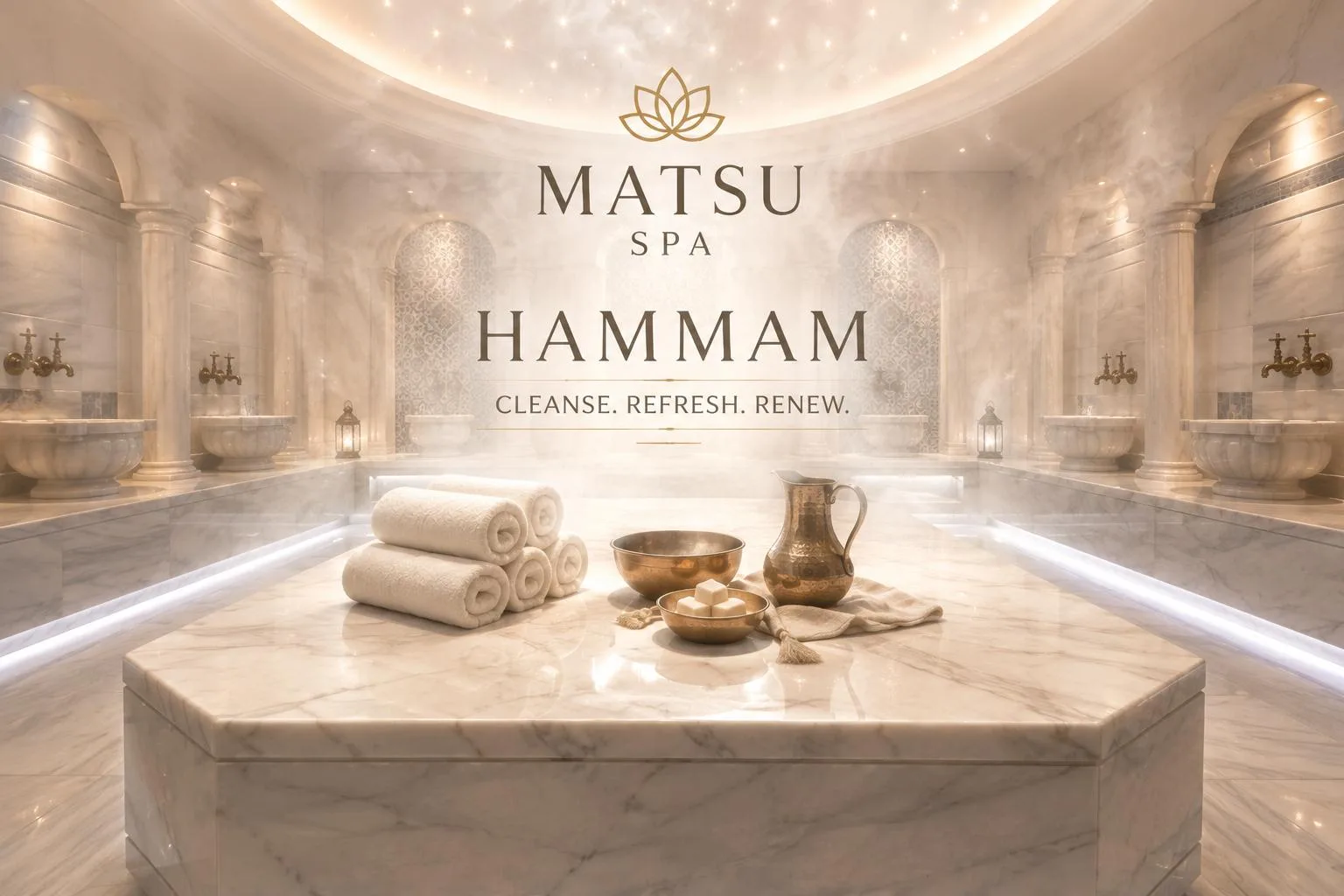 Интерьер хаммама Matsu Spa — тёплый золотистый свет, мраморные чаши и традиционный медный кувшин